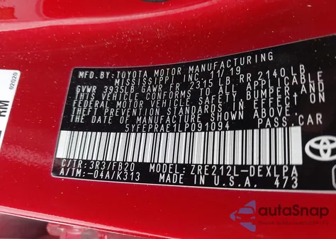 2020 Toyota Corolla Le из США, поврежденный, VIN 5YFEPRAE1LP091094